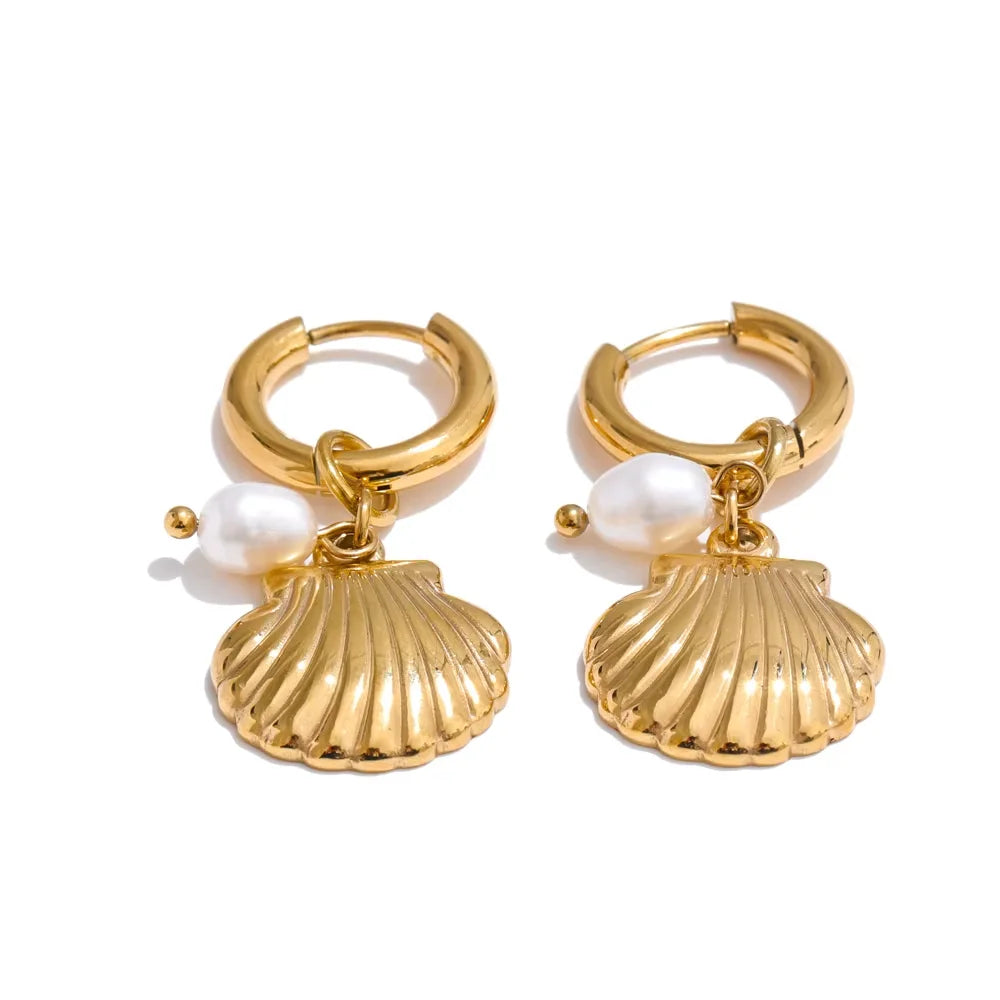 Ocean Style Pearl Conch Starfish Earrings | Stainless Steel
