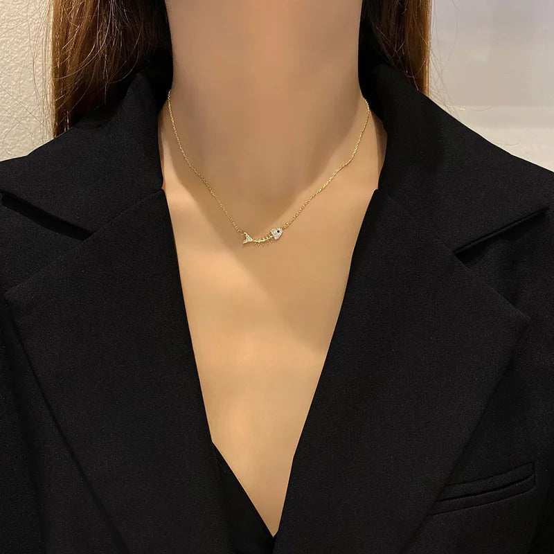 Sweet Fish Bone Zircon Clavicle Chain – Stainless Steel Minimalist Necklace
