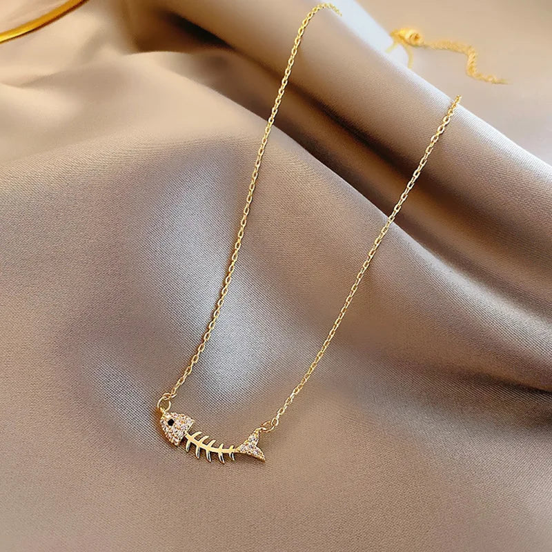 Sweet Fish Bone Zircon Clavicle Chain – Stainless Steel Minimalist Necklace
