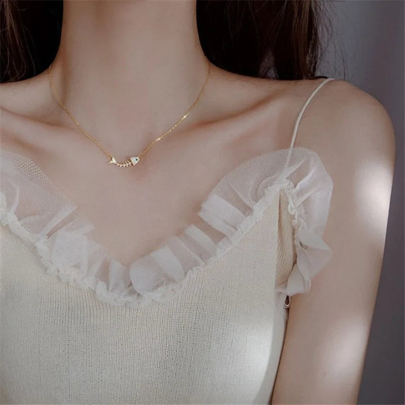 Sweet Fish Bone Zircon Clavicle Chain – Stainless Steel Minimalist Necklace