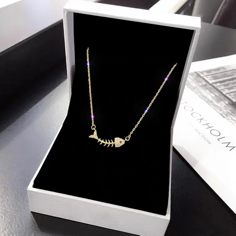 Sweet Fish Bone Zircon Clavicle Chain – Stainless Steel Minimalist Necklace