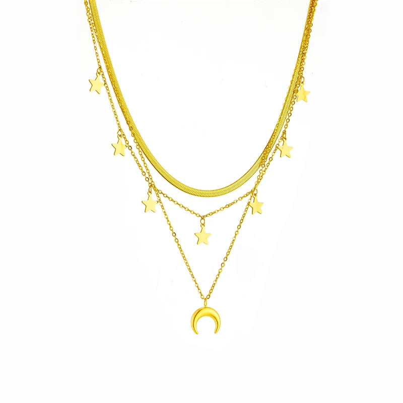 316L Stainless Steel, Moon Stars, Pendant Necklace, Gold Color,