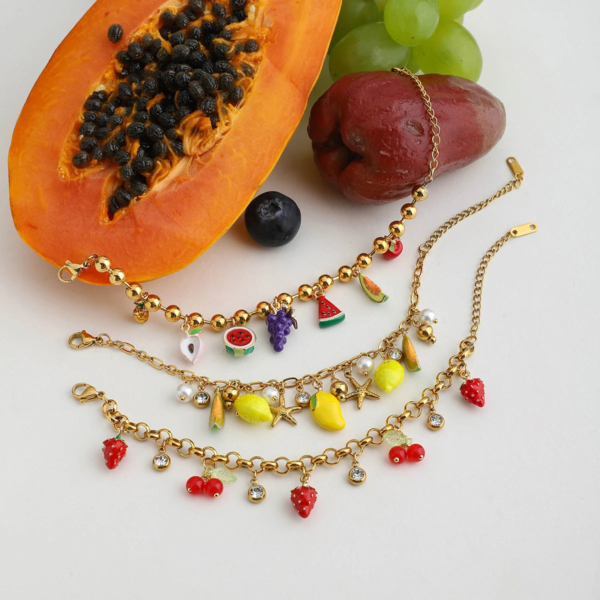 Stainless Steel 18K Gold Plated Fruity Charms Bracelet