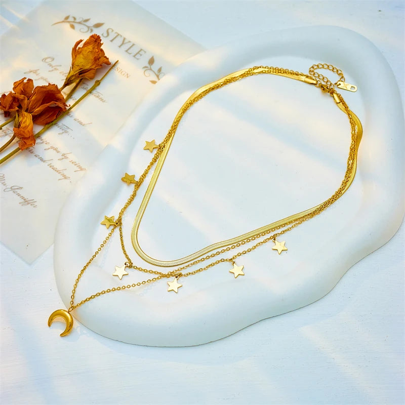 316L Stainless Steel, Moon Stars, Pendant Necklace, Gold Color,