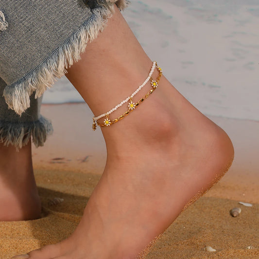 316L Stainless Steel Summer Fresh 2-Chain Oil Drop Flower Pendant Anklets