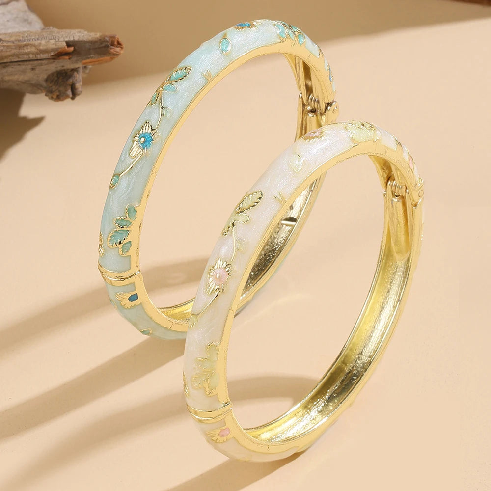Stainless Steel Boho Floral Cloisonné Bangles – Vintage Luxury Set