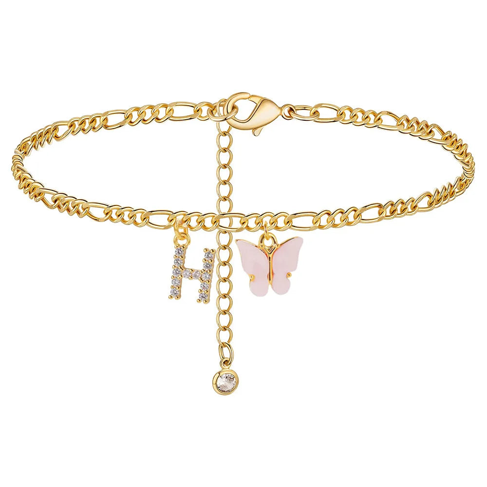 Butterfly Cuban Link Anklet A-Z Letter Initial Anklets Bracelet for Women Stainless Steel