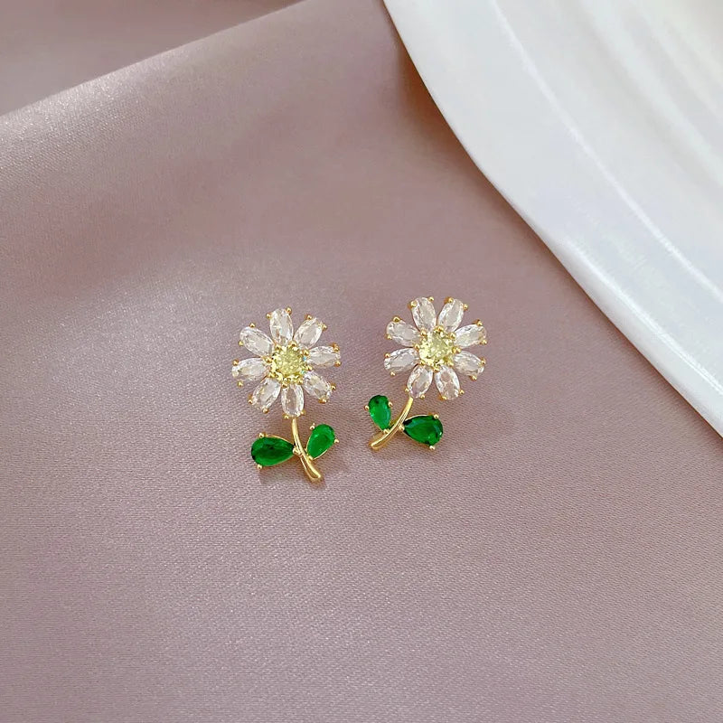 White-Green Sunflower Leaf Jewelry Set | Retro Stainless Steel Party
