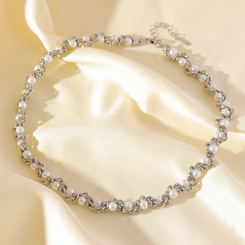 Pearl Chain Set – 316L Stainless Steel Silver Waterproof Jewelry for Women