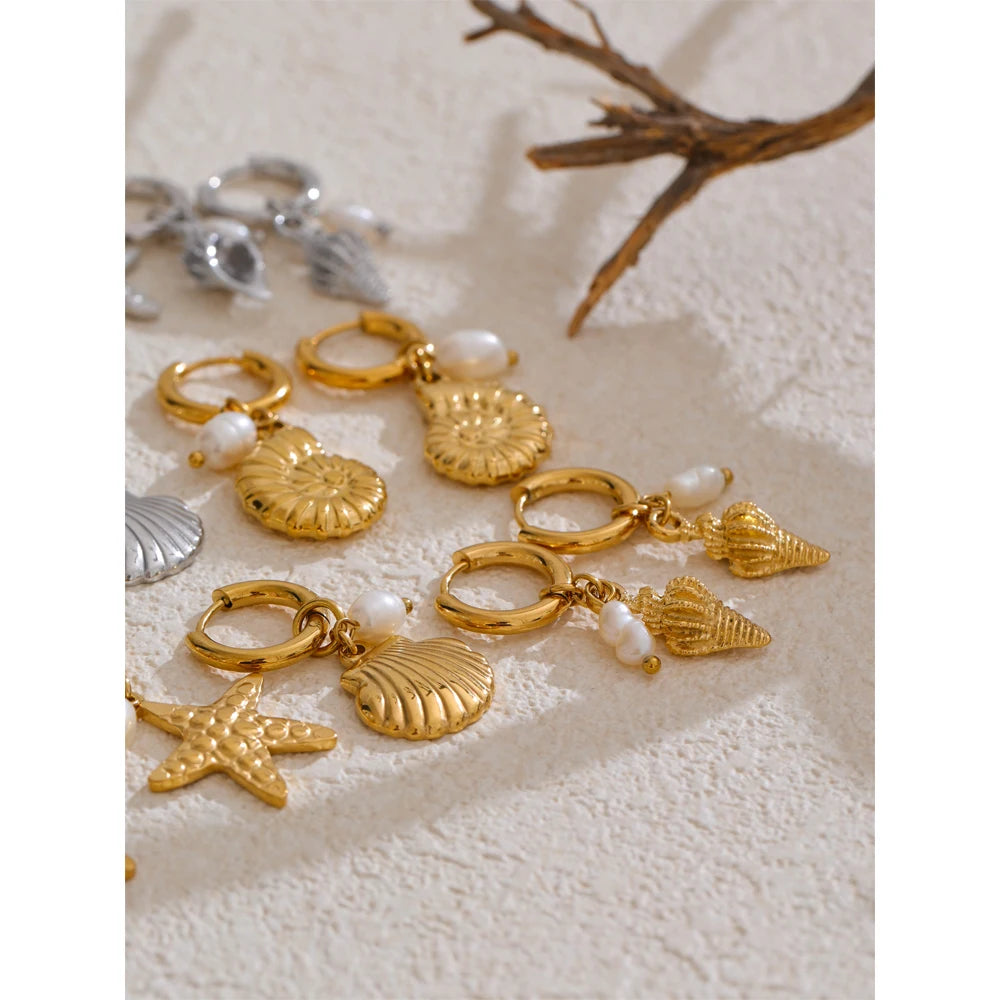 Ocean Style Pearl Conch Starfish Earrings | Stainless Steel