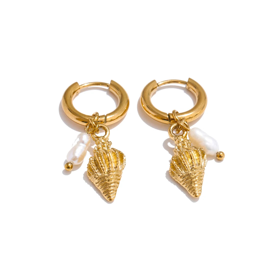 Ocean Style Pearl Conch Starfish Earrings | Stainless Steel