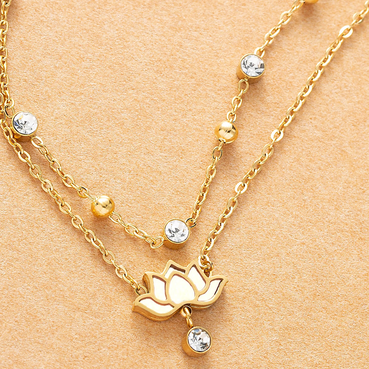 Multi layer zirconia stainless steel chain white pink lotus pendant