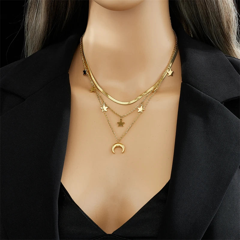 316L Stainless Steel, Moon Stars, Pendant Necklace, Gold Color,