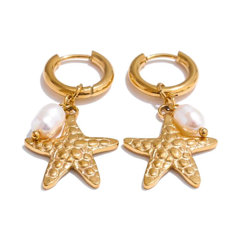 Ocean Style Pearl Conch Starfish Earrings | Stainless Steel