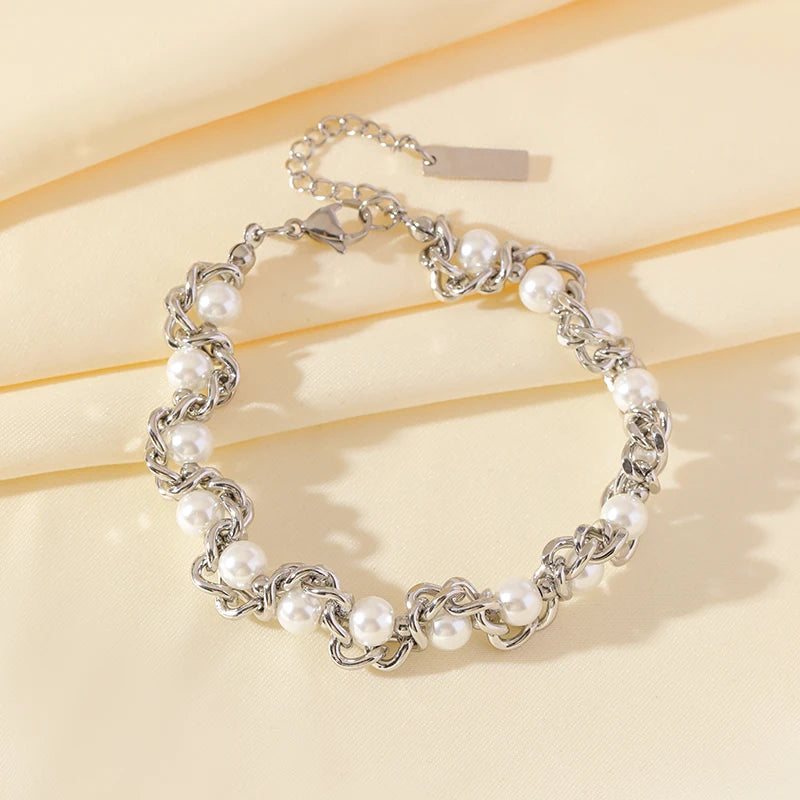 Pearl Chain Set – 316L Stainless Steel Silver Waterproof Jewelry for Women