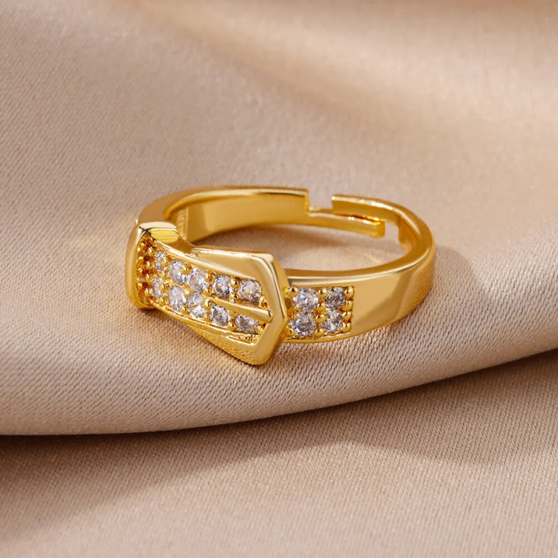 Chic Gold Buckle Zircon Adjustable Ring