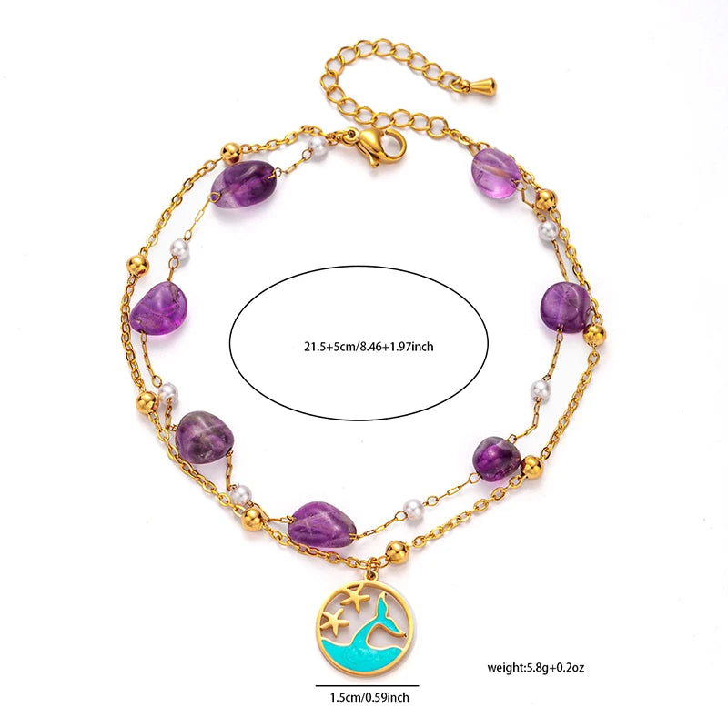 316L Stainless Steel Colorful Stone Fishtail Round Card Pendant Anklet