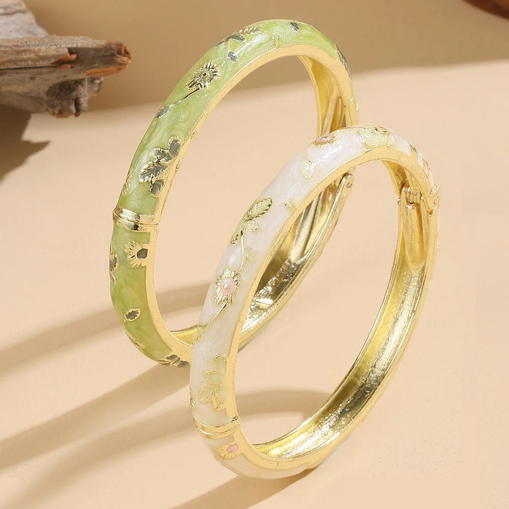 Stainless Steel Boho Floral Cloisonné Bangles – Vintage Luxury Set