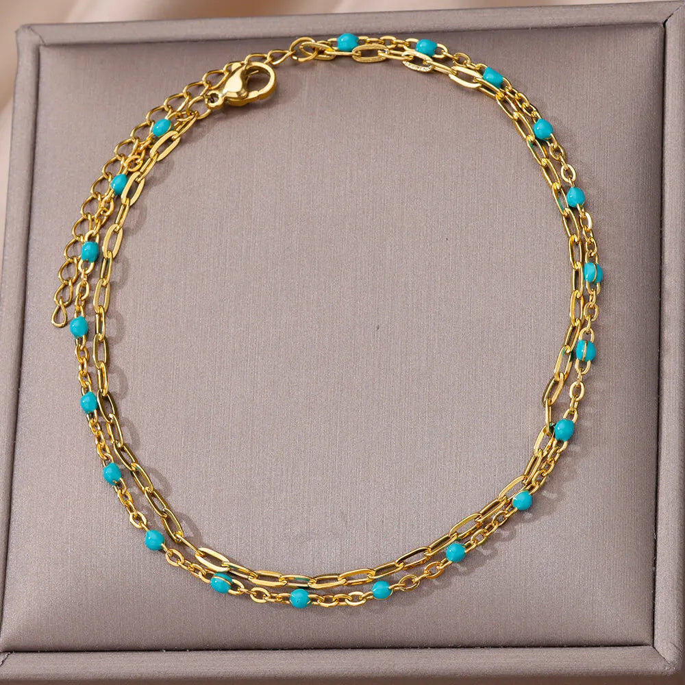 Blue Beads Vintage Anklet | Stainless Steel Summer Beach Jewelry