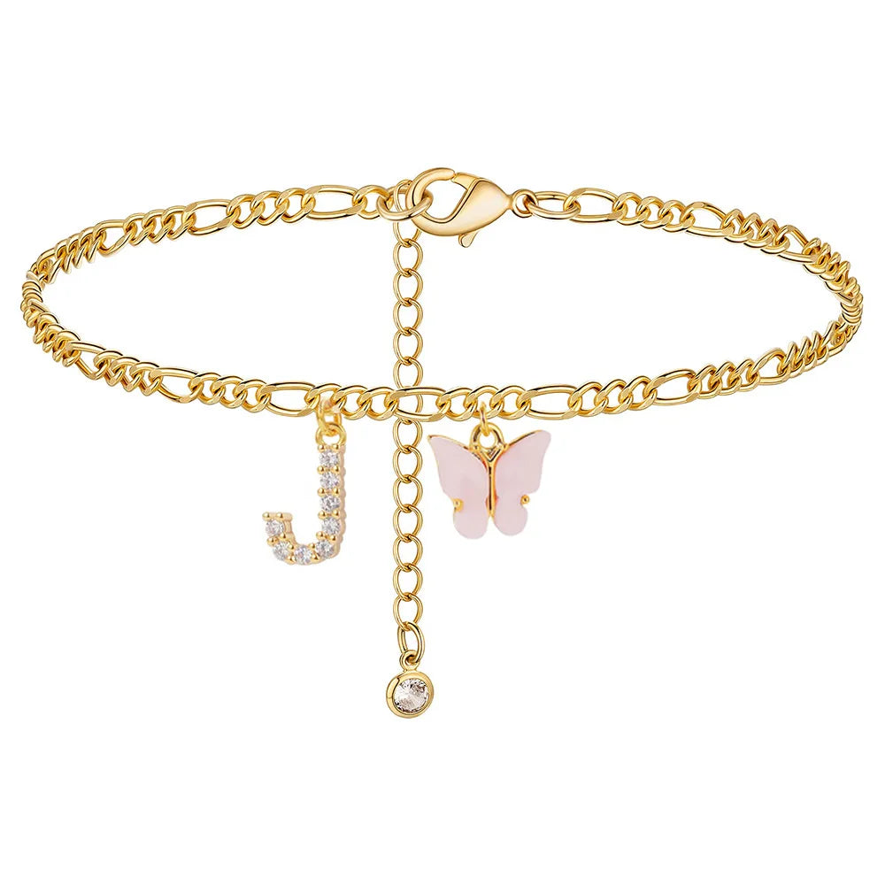 Butterfly Cuban Link Anklet A-Z Letter Initial Anklets Bracelet for Women Stainless Steel
