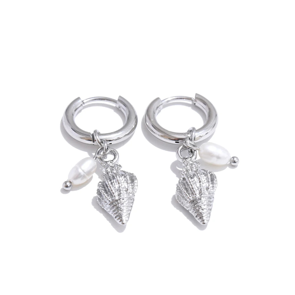 Ocean Style Pearl Conch Starfish Earrings | Stainless Steel