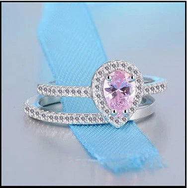 925 Sterling Silver Teardrop Zircon CZ Engagement & Wedding Ring Set