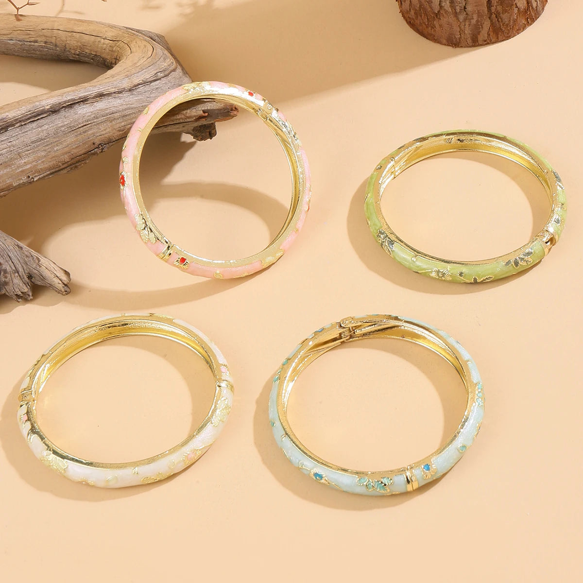 Stainless Steel Boho Floral Cloisonné Bangles – Vintage Luxury Set