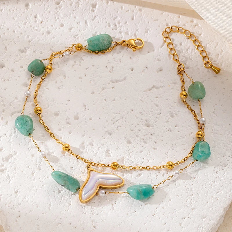 316L Stainless Steel Colorful Stone Fishtail Round Card Pendant Anklet