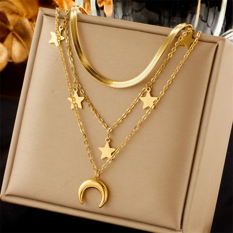 316L Stainless Steel, Moon Stars, Pendant Necklace, Gold Color,