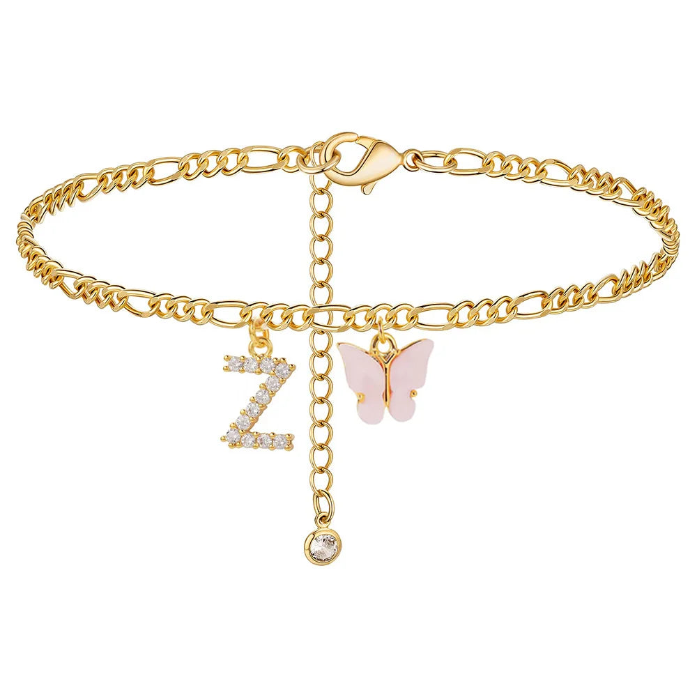 Butterfly Cuban Link Anklet A-Z Letter Initial Anklets Bracelet for Women Stainless Steel
