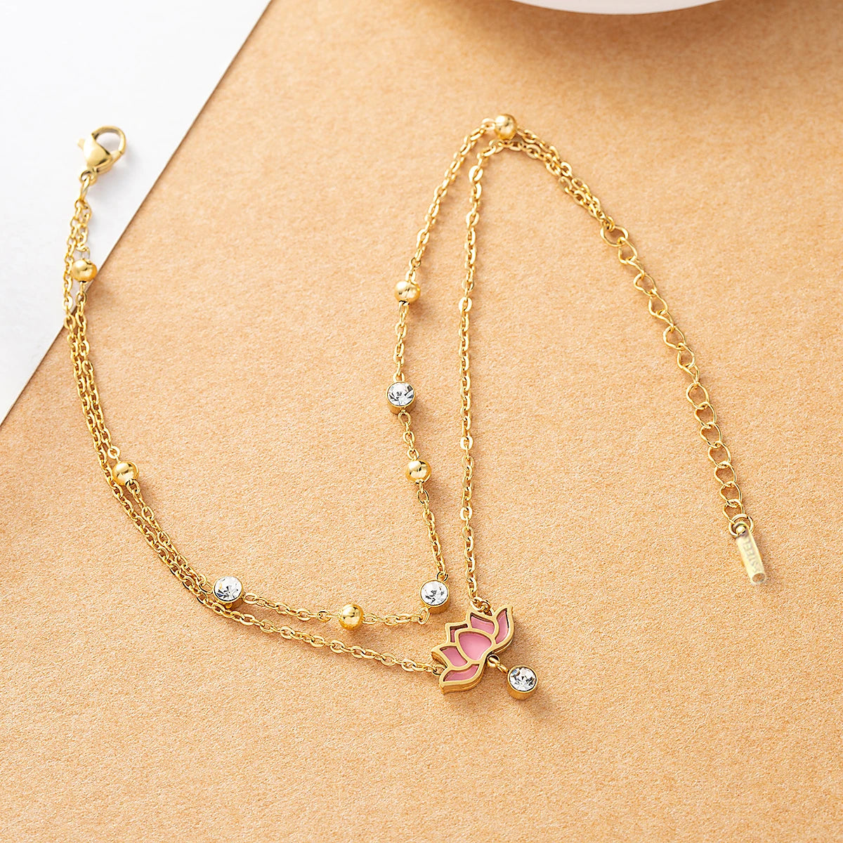 Multi layer zirconia stainless steel chain white pink lotus pendant