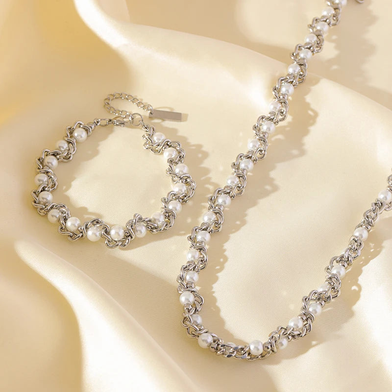 Pearl Chain Set – 316L Stainless Steel Silver Waterproof Jewelry for Women