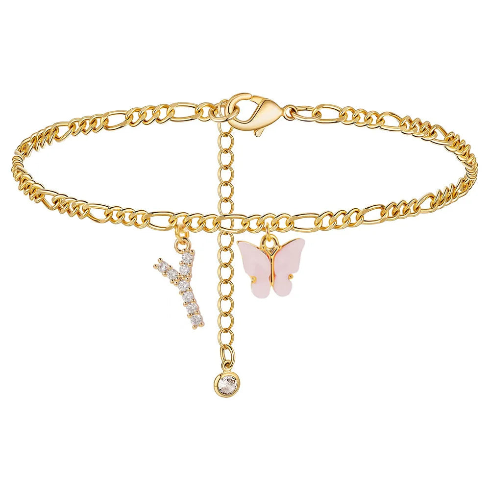Butterfly Cuban Link Anklet A-Z Letter Initial Anklets Bracelet for Women Stainless Steel