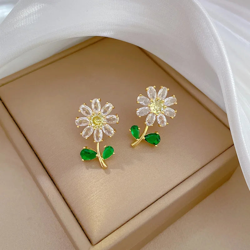 White-Green Sunflower Leaf Jewelry Set | Retro Stainless Steel Party