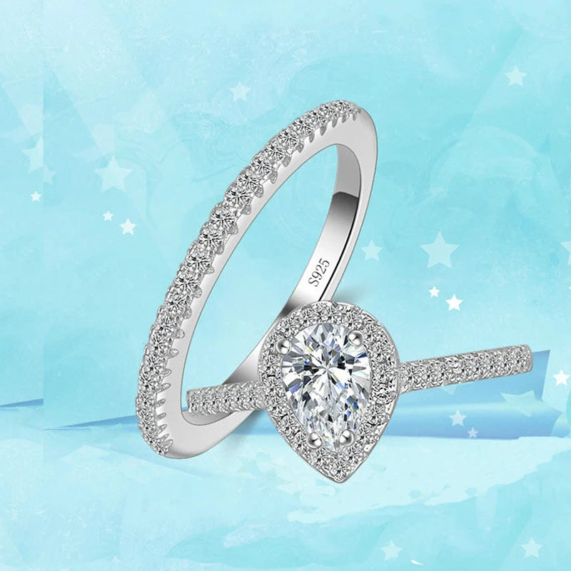 925 Sterling Silver Teardrop Zircon CZ Engagement & Wedding Ring Set