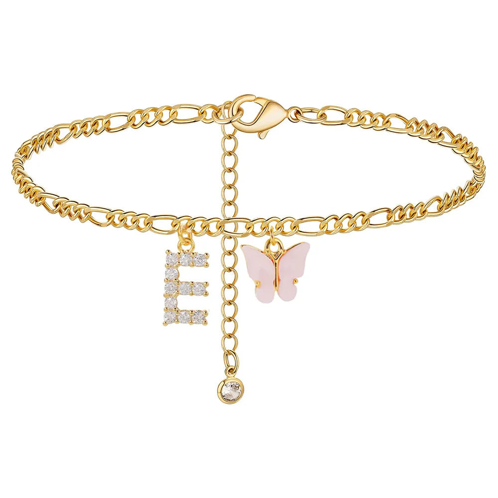Butterfly Cuban Link Anklet A-Z Letter Initial Anklets Bracelet for Women Stainless Steel