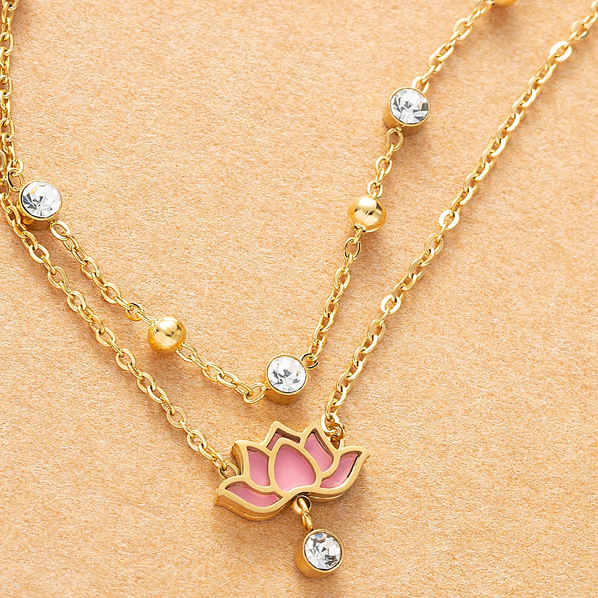Multi layer zirconia stainless steel chain white pink lotus pendant