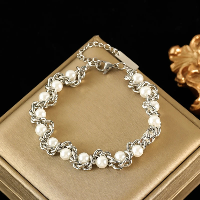 Pearl Chain Set – 316L Stainless Steel Silver Waterproof Jewelry for Women
