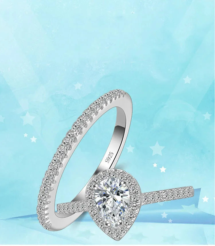 925 Sterling Silver Teardrop Zircon CZ Engagement & Wedding Ring Set