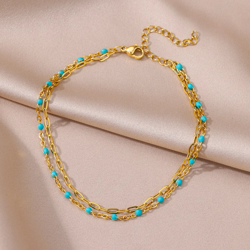Blue Beads Vintage Anklet | Stainless Steel Summer Beach Jewelry