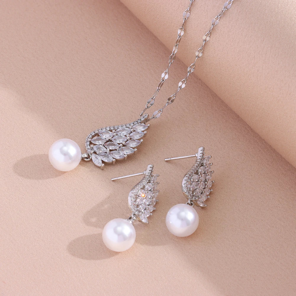 ✅ Zircon Wing Pearl Jewelry Set | Luxury Stainless Steel Daily Wear