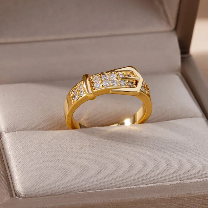 Chic Gold Buckle Zircon Adjustable Ring