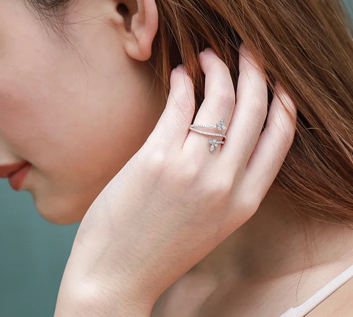 Elegant 925 Sterling Silver Zircon Double Butterfly Ring