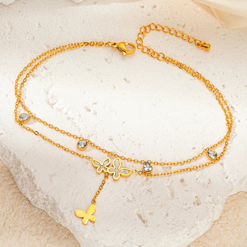 316L Stainless Double Layered Flower Butterfly Anklet