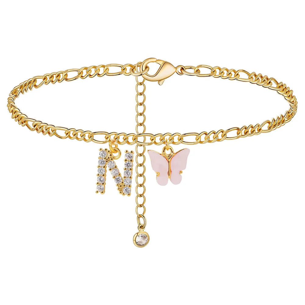 Butterfly Cuban Link Anklet A-Z Letter Initial Anklets Bracelet for Women Stainless Steel