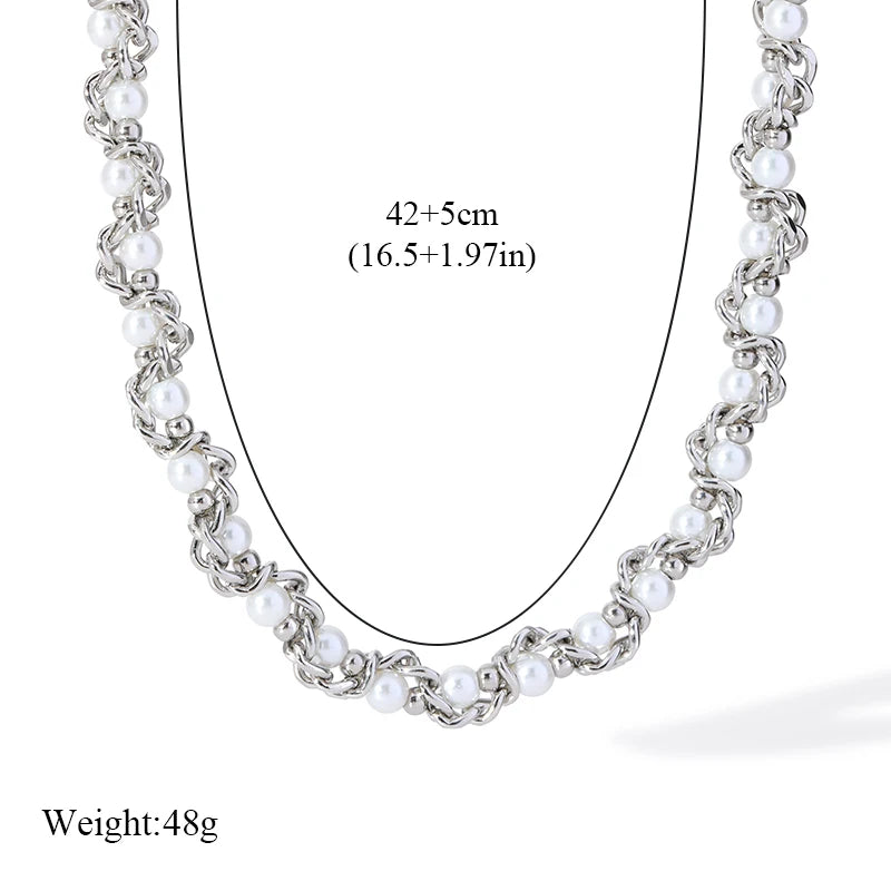 Pearl Chain Set – 316L Stainless Steel Silver Waterproof Jewelry for Women