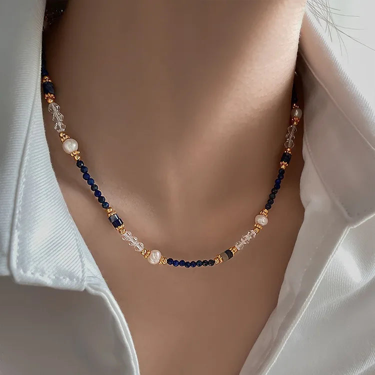 New Design 100% Natural Freshwater Pearl & Lazurite Stone 14K Gold Filled Female Jewelry