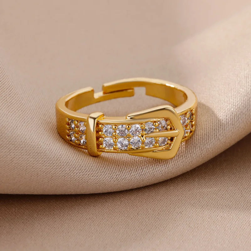 Chic Gold Buckle Zircon Adjustable Ring