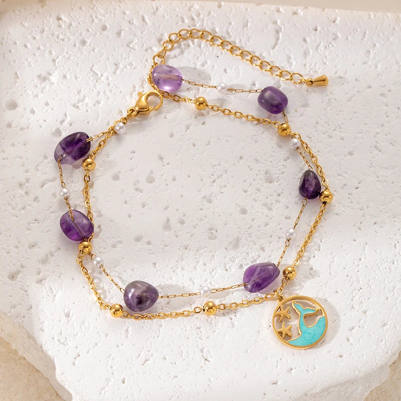316L Stainless Steel Colorful Stone Fishtail Round Card Pendant Anklet