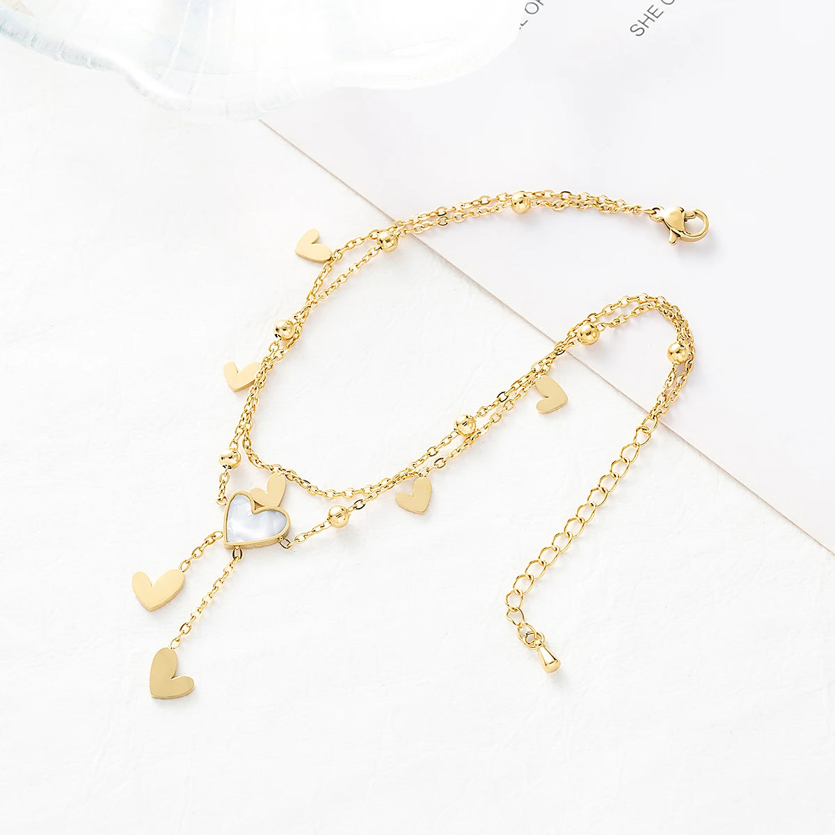 Shell Inlaid Heart Anklet | Golden Stainless Steel